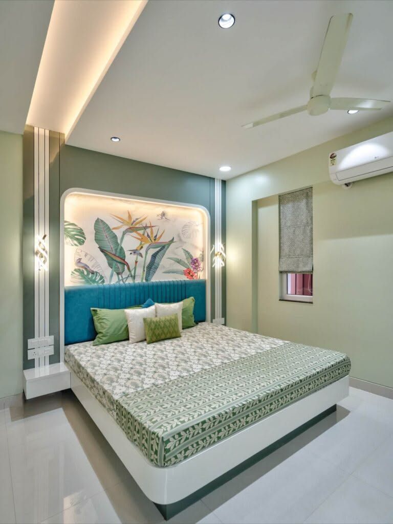Bedroom with feature wallpaper and paint finish
